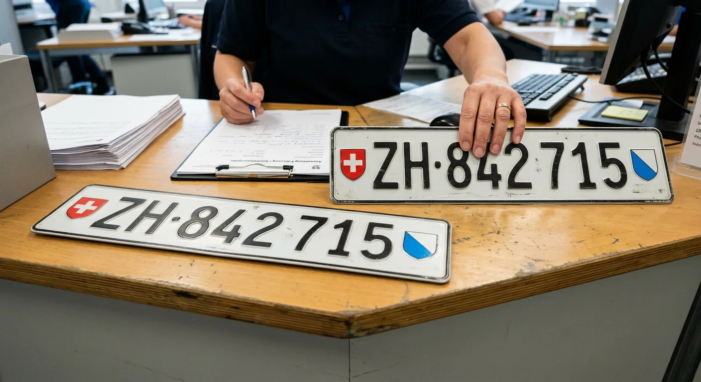Swiss license plates being returned at the road traffic office counter